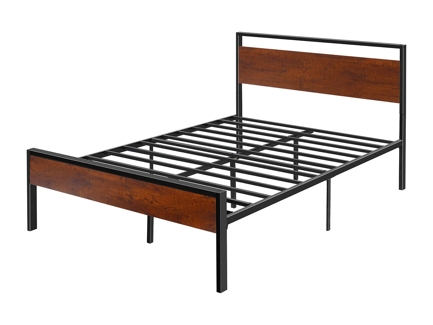 Bedframe SucceBuy Dubbel Full Size, Platform Bedframe van Zwart Metaal, 31 cm Vrije Ruimte, met Kop- en Voeteneinde van Retro Bruin Hout, Grote Opslagruimte
