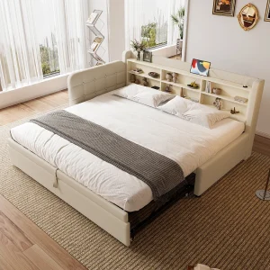 Beige linnen stoffen slaapbank 90×200 cm (180×200 cm), USB + Type C-poorten, opbergruimte, lattenbodem Beige linnen stoffen slaapbank 90×200 cm (180×200 cm), USB + Type C-poorten, opbergruimte, lattenbodem