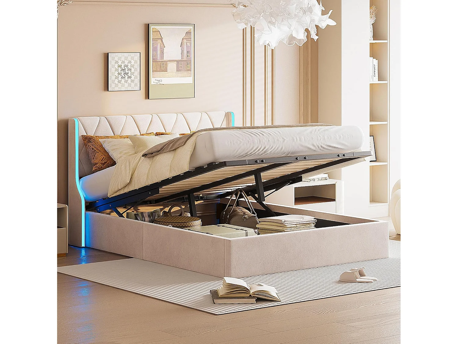Bed 140x190 cm met lattenbodem en LED, Opbergbed 140x190 lattenbodem, Fluweel, Beige