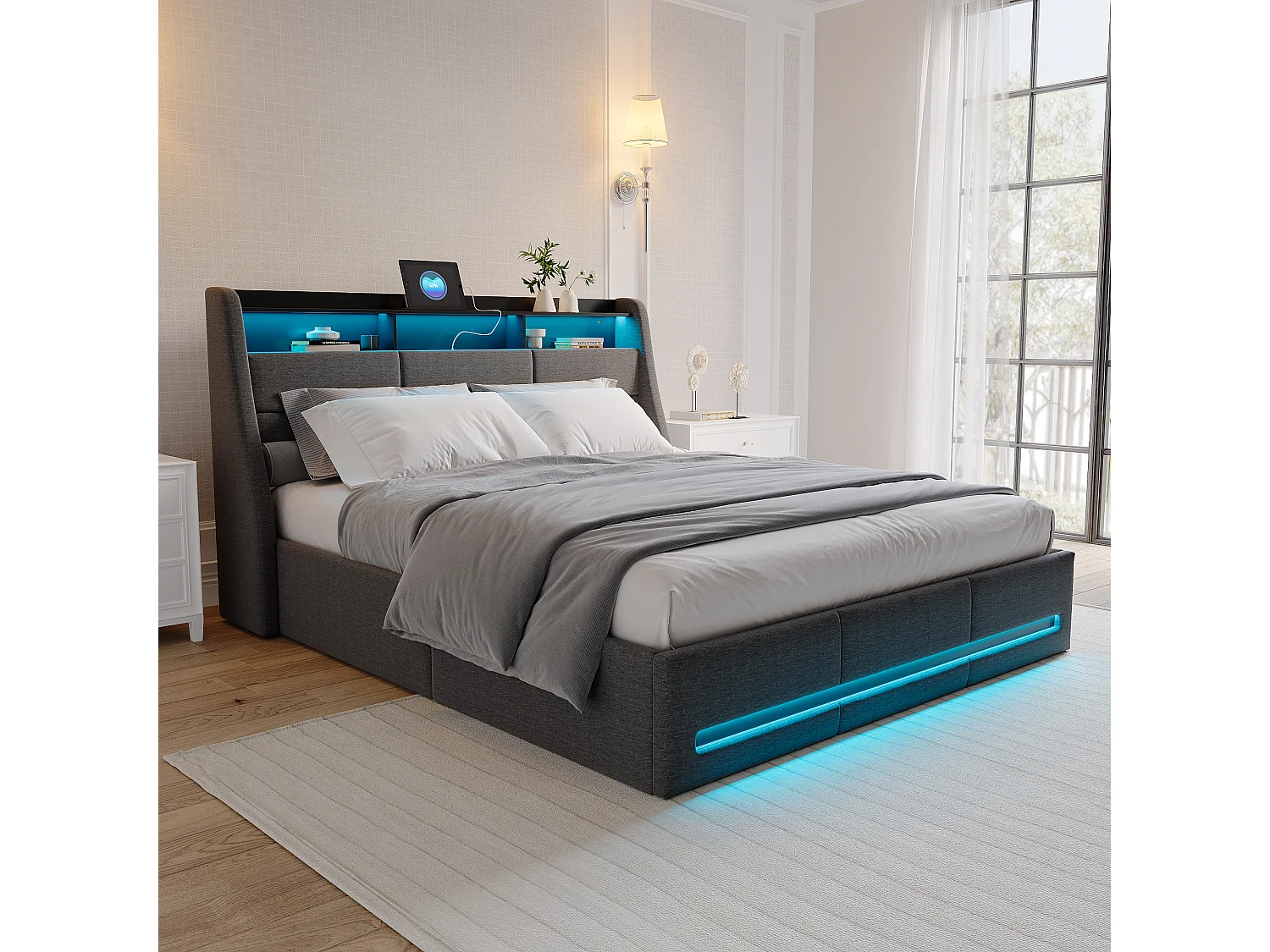 Bed 140x190 met LED- en USB-basis, opbergbed met hoofdeinde, grijs