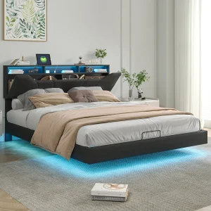 Bed 140×200 cm met LED-verlichting, Opbergbed met USB-aansluiting, Hoofdeinde in hoogte verstelbaar, Zwart Bed 140×200 cm met LED-verlichting, Opbergbed met USB-aansluiting, Hoofdeinde in hoogte verstelbaar, Zwart