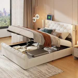 Bed met opbergruimte 160x200cm met hoofdeinde, leeslamp met USB-oplaadfunctie, lattenbodem, bedframe Bed met opbergruimte 160x200cm met hoofdeinde, leeslamp met USB-oplaadfunctie, lattenbodem, bedframe