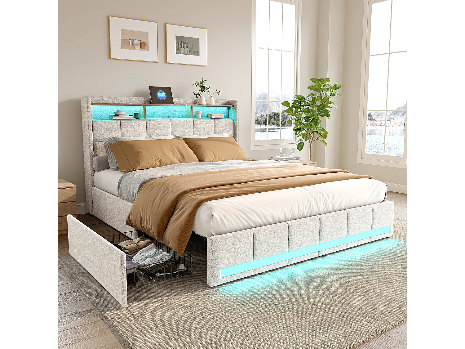 Bed 140x190 cm met LED-verlichting en USB, 4 lades en opberghoofdeinde, Linnen, Beige