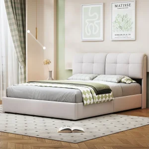 Bed 140×200 met LED-bodem, tweepersoonsbed met lattenbodem en bedstee, in fluweel, wit