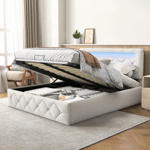Bed 160x200cm met LED – Lattenbodem – Grote opbergruimte – Beige Bed 160x200cm met LED – Lattenbodem – Grote opbergruimte – Beige