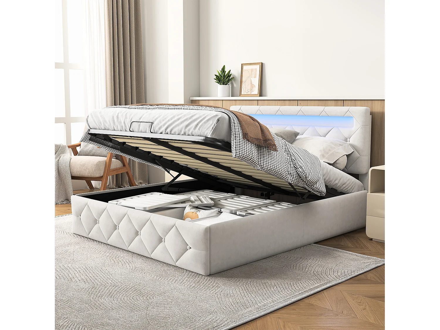 Bed 160x200cm met LED - Lattenbodem - Grote opbergruimte - Beige