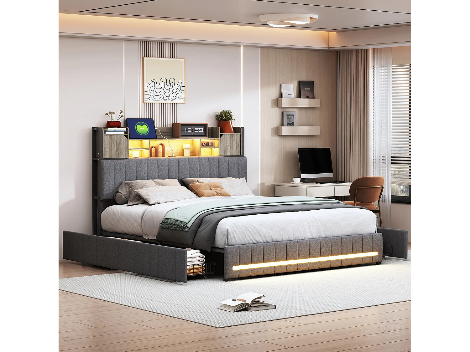 Bed 140 x 190 cm met LED- en USB-hoofdbord, 4 opbergladen, lattenbodem, linnen, grijs