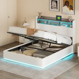 Bed 160x200cm met LED-verlichting, Opbergbed met lattenbodem, stopcontacten, USB en Type-C, Fluweel Bed 160x200cm met LED-verlichting, Opbergbed met lattenbodem, stopcontacten, USB en Type-C, Fluweel