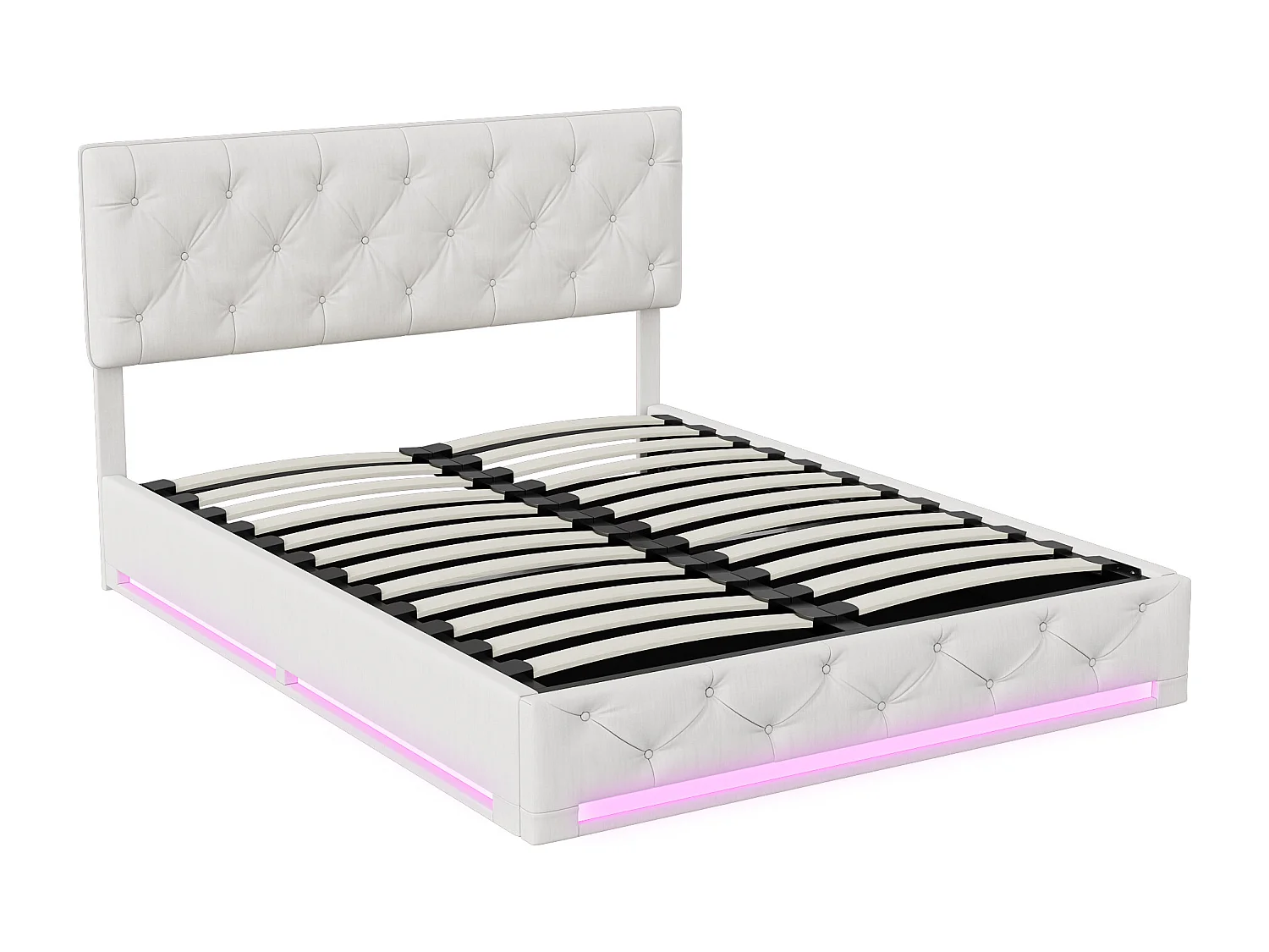 Bed 140x200cm, opbergruimte, lattenbodem, LED-verlichting en verstelbaar hoofdeinde, beige