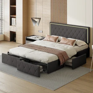 Bed 140x200cm met LED, verstelbaar hoofdeinde, gestoffeerd bed met 4 lades en opbergruimte, grijs Bed 140x200cm met LED, verstelbaar hoofdeinde, gestoffeerd bed met 4 lades en opbergruimte, grijs