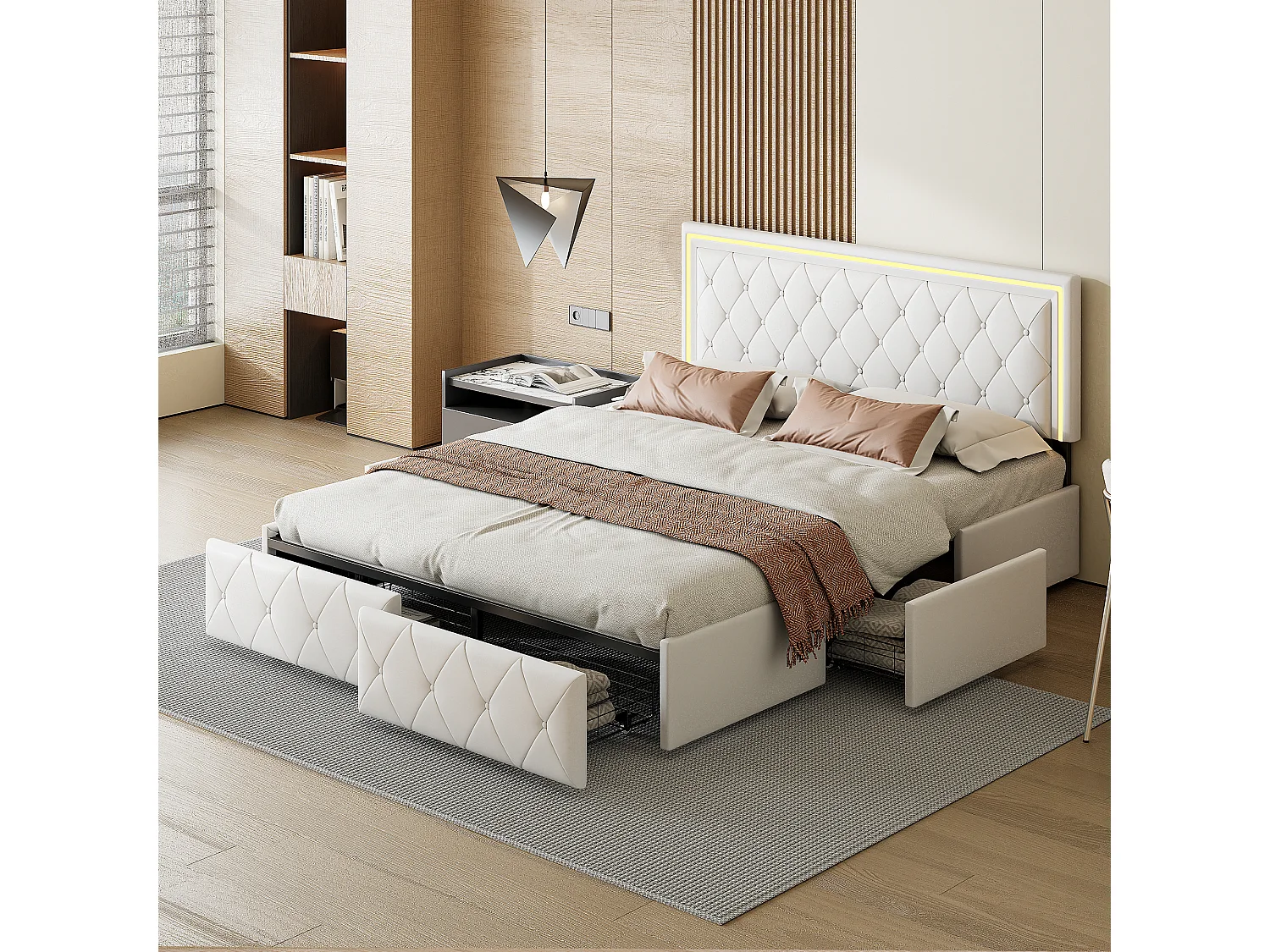 Bed 160x200cm met LED-lifthoofdeinde, Gestoffeerd bed met 4 lades en opbergruimte, Wit