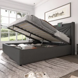 Bed 160×200 cm met USB Type C basis, met hoofdbord, gestoffeerd met lattenbodem voor 2 personen, linnen, grijs Bed 160×200 cm met USB Type C basis, met hoofdbord, gestoffeerd met lattenbodem voor 2 personen, linnen, grijs