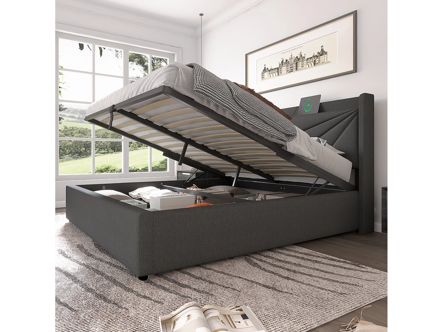 Bed 160x200 cm met USB Type C basis, met hoofdbord, gestoffeerd met lattenbodem voor 2 personen, linnen, grijs
