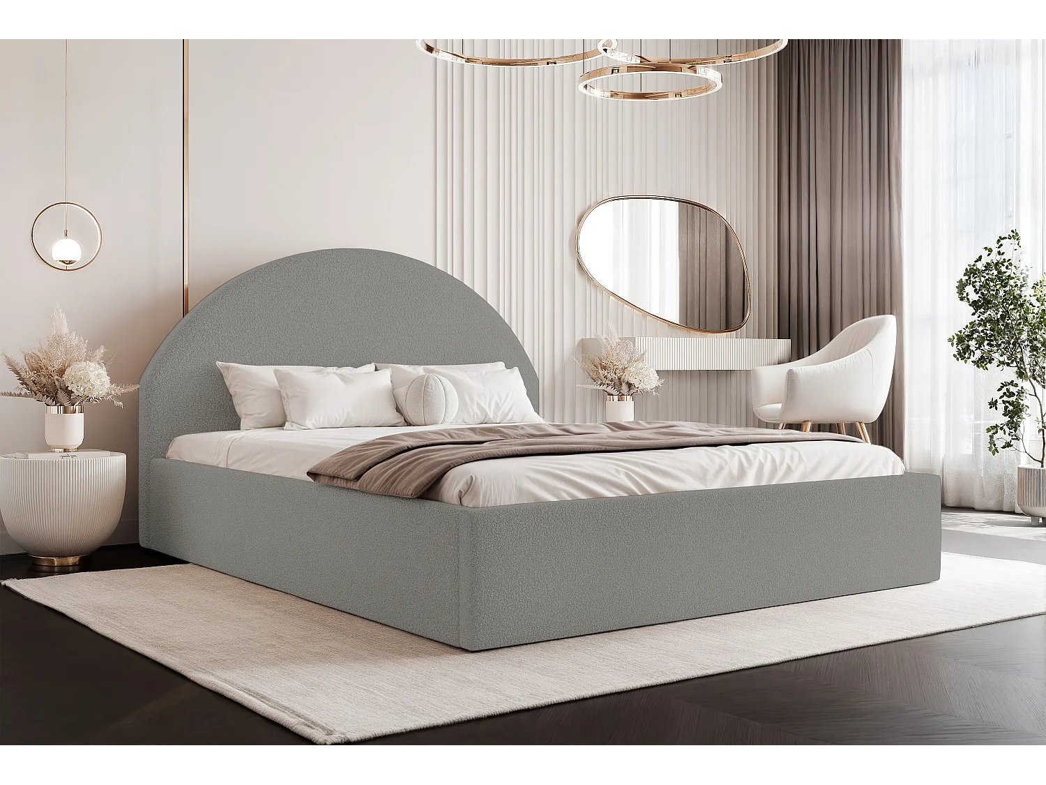 BESILIO Gestoffeerd Boucle bed 200×200 Velora – lattenbodem, hoofdeinde, opbergbox, slim bed – Lichtgrijs