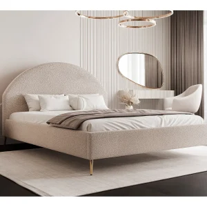 BESILIO Gestoffeerd bed Boucle 140×200 Velora II – lattenbodem, hoofdbord, opbergruimte, slank bed, hoge gouden poten – Beige BESILIO Gestoffeerd bed Boucle 140×200 Velora II – lattenbodem, hoofdbord, opbergruimte, slank bed, hoge gouden poten – Beige