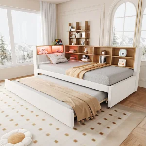 Beige slaapbank 90x200cm met uitschuifbed 90x190cm, LED-verlichting, stopcontacten en opbergruimte, flanel Beige slaapbank 90x200cm met uitschuifbed 90x190cm, LED-verlichting, stopcontacten en opbergruimte, flanel