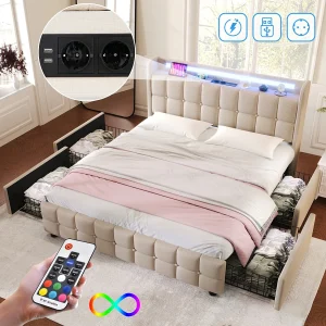 Bed 140x200cm met lades, gestoffeerd tweepersoonsbed met opbergruimte, LED-verlichting, grijs Bed 140x200cm met lades, gestoffeerd tweepersoonsbed met opbergruimte, LED-verlichting, grijs