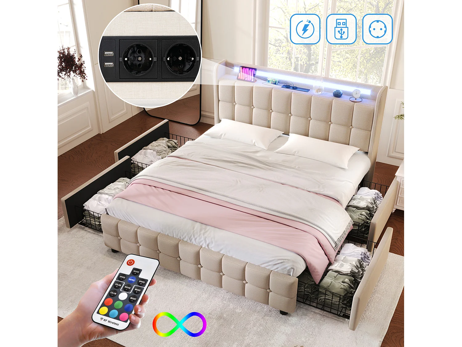 Bed 140x200cm met lades, gestoffeerd tweepersoonsbed met opbergruimte, LED-verlichting, grijs