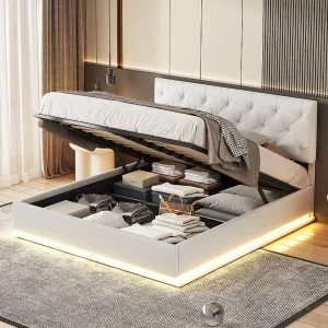 Bed 140x200cm – Opbergruimte – Lattenbodem – LED-verlichting en verstelbaar hoofdeinde – Linnen – Beige Bed 140x200cm – Opbergruimte – Lattenbodem – LED-verlichting en verstelbaar hoofdeinde – Linnen – Beige