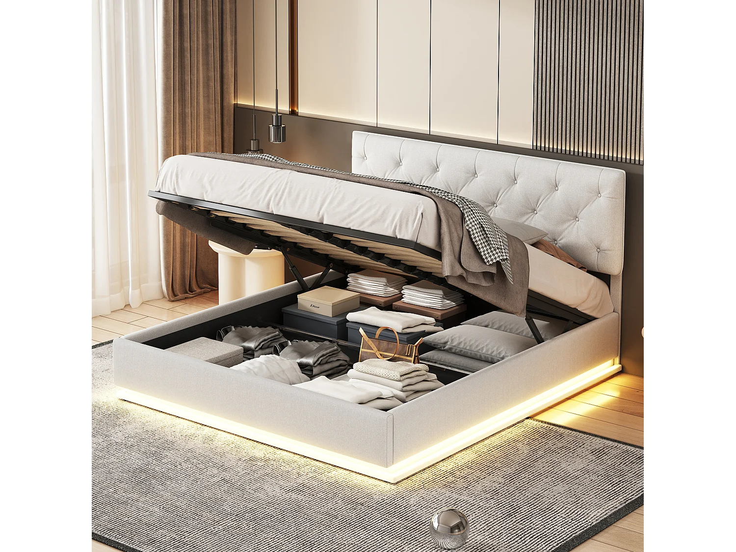 Bed 140x200cm - Opbergruimte - Lattenbodem - LED-verlichting en verstelbaar hoofdeinde - Linnen - Beige