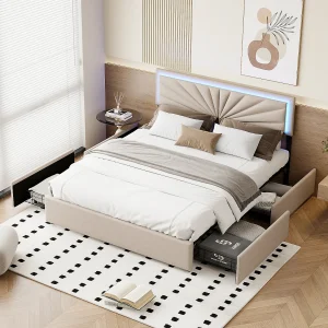 Bed met LED-hoofdbord, 4 opberglades, 160×200 cm – Modern beige design