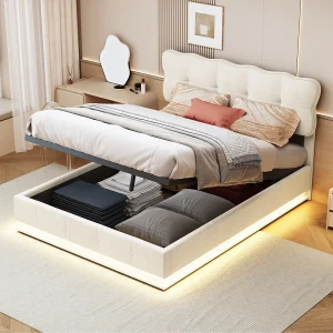 Bed met opbergruimte 140x200cm, fluwelen stof, bedframe met hoofdeinde, ledverlichting, lattenbodem, multifunctioneel hydraulisch bed, beige