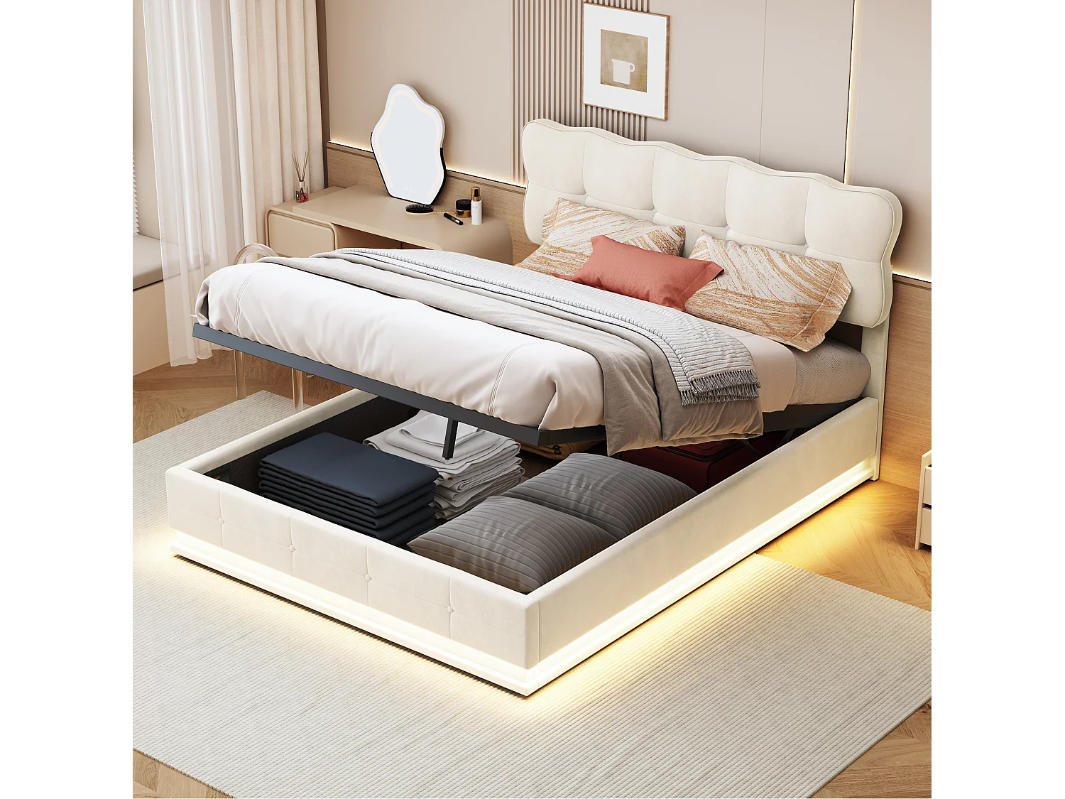 Bed met opbergruimte 140x200cm, fluwelen stof, bedframe met hoofdeinde, ledverlichting, lattenbodem, multifunctioneel hydraulisch bed, beige