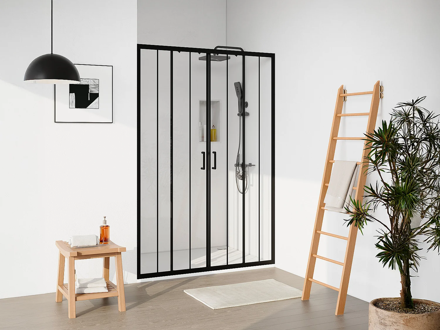Dubbele schuifdeur voor douche in zwart metaal - Anti-kalk - 140 x 195 cm - BAVIODA