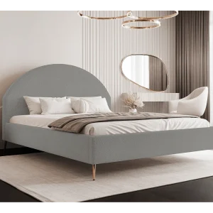 BESILIO Gestoffeerd bed Boucle 180×200 Velora II – lattenbodem, hoofdbord, opbergruimte, slank bed, hoge gouden poten – Lichtgrijs