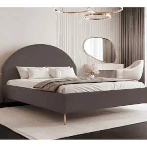 BESILIO Gestoffeerd bed Boucle 180×200 Velora II – lattenbodem, hoofdbord, opbergruimte, slank bed, hoge gouden poten – Bruin