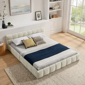 Beige tweepersoonsbed voor volwassenen 160x200cm, vierkant gewatteerd, chenillestof, hout + metaal Beige tweepersoonsbed voor volwassenen 160x200cm, vierkant gewatteerd, chenillestof, hout + metaal