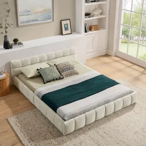 Beige tweepersoonsbed 140x200cm, vierkant gewatteerd, chenille stof, hout + metaal Beige tweepersoonsbed 140x200cm, vierkant gewatteerd, chenille stof, hout + metaal