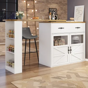 Bar dressoir – uitschuifbaar opbergmeubel met lades en 360° draaibaar, wit, 138-204x39x104 cm Bar dressoir – uitschuifbaar opbergmeubel met lades en 360° draaibaar, wit, 138-204x39x104 cm