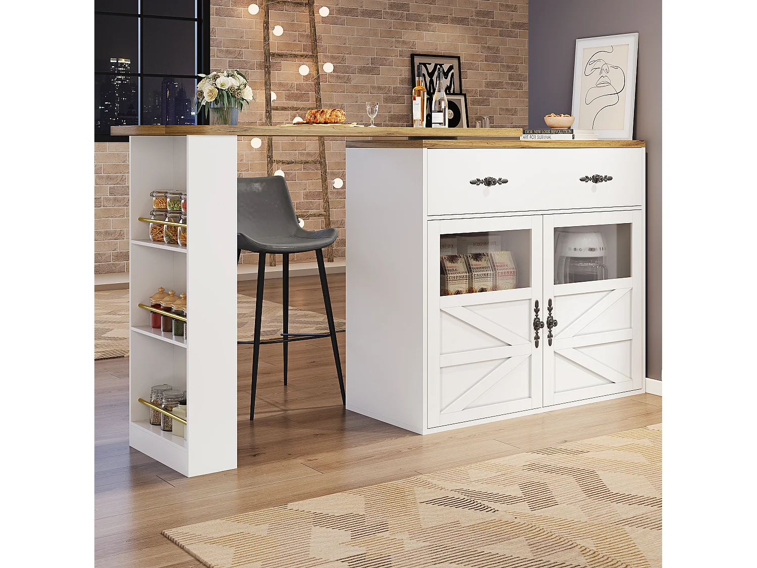 Bar dressoir – uitschuifbaar opbergmeubel met lades en 360° draaibaar, wit, 138-204x39x104 cm