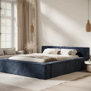 Bed met opbergruimte 140 x 200 cm met hoofdeinde VOLIERA – van chenille-stof – marineblauw