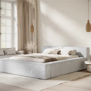 Bed met opbergruimte 180 x 200 cm met hoofdeinde VOLIERA – van fluweel – lichtgrijs Bed met opbergruimte 180 x 200 cm met hoofdeinde VOLIERA – van fluweel – lichtgrijs