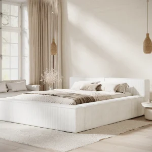 Bed met opbergruimte 180 x 200 cm met hoofdeinde VOLIERA – van fluweel – creme Bed met opbergruimte 180 x 200 cm met hoofdeinde VOLIERA – van fluweel – creme