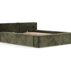 Bed met opbergruimte 140 x 200 cm met hoofdeinde VOLIERA – van chenille-stof – olijfgroen