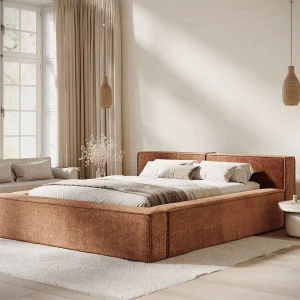Bed met opbergruimte 160 x 200 cm met hoofdeinde VOLIERA – van chenille-stof – koper