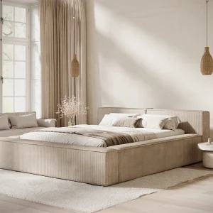Bed met opbergruimte 200 x 200 cm met hoofdeinde VOLIERA – van fluweel – beige Bed met opbergruimte 200 x 200 cm met hoofdeinde VOLIERA – van fluweel – beige