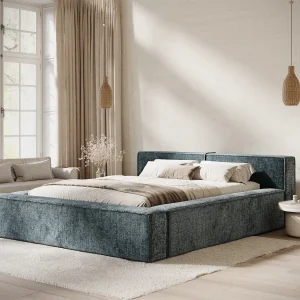 Bed met opbergruimte 200 x 200 cm met hoofdeinde VOLIERA – van chenille-stof – blauwgrijs Bed met opbergruimte 200 x 200 cm met hoofdeinde VOLIERA – van chenille-stof – blauwgrijs
