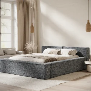 Bed met opbergruimte 180 x 200 cm met hoofdeinde VOLIERA – van geweven stof – marineblauw