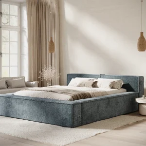 Bed met opbergruimte 160 x 200 cm met hoofdeinde VOLIERA – van chenille-stof – grijs