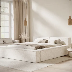 Bed met opbergruimte 140 x 200 cm met hoofdeinde VOLIERA – van geweven stof – creme