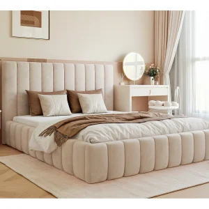 BESILIO Tweepersoonsbed 160×200 Tina – slank slaapkamerbed met lattenbodem en opbergruimte voor beddengoed – fluwelen stof – Beige BESILIO Tweepersoonsbed 160×200 Tina – slank slaapkamerbed met lattenbodem en opbergruimte voor beddengoed – fluwelen stof – Beige