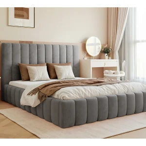 BESILIO Tweepersoonsbed 140×200 Tina – slank slaapkamerbed met lattenbodem en opbergruimte voor beddengoed – fluwelen stof – Grijs