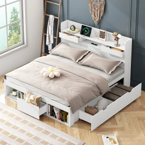 Bed 140×190 cm van grenenhout en MDF, wit, met USB/Type-C en opberglades Bed 140×190 cm van grenenhout en MDF, wit, met USB/Type-C en opberglades