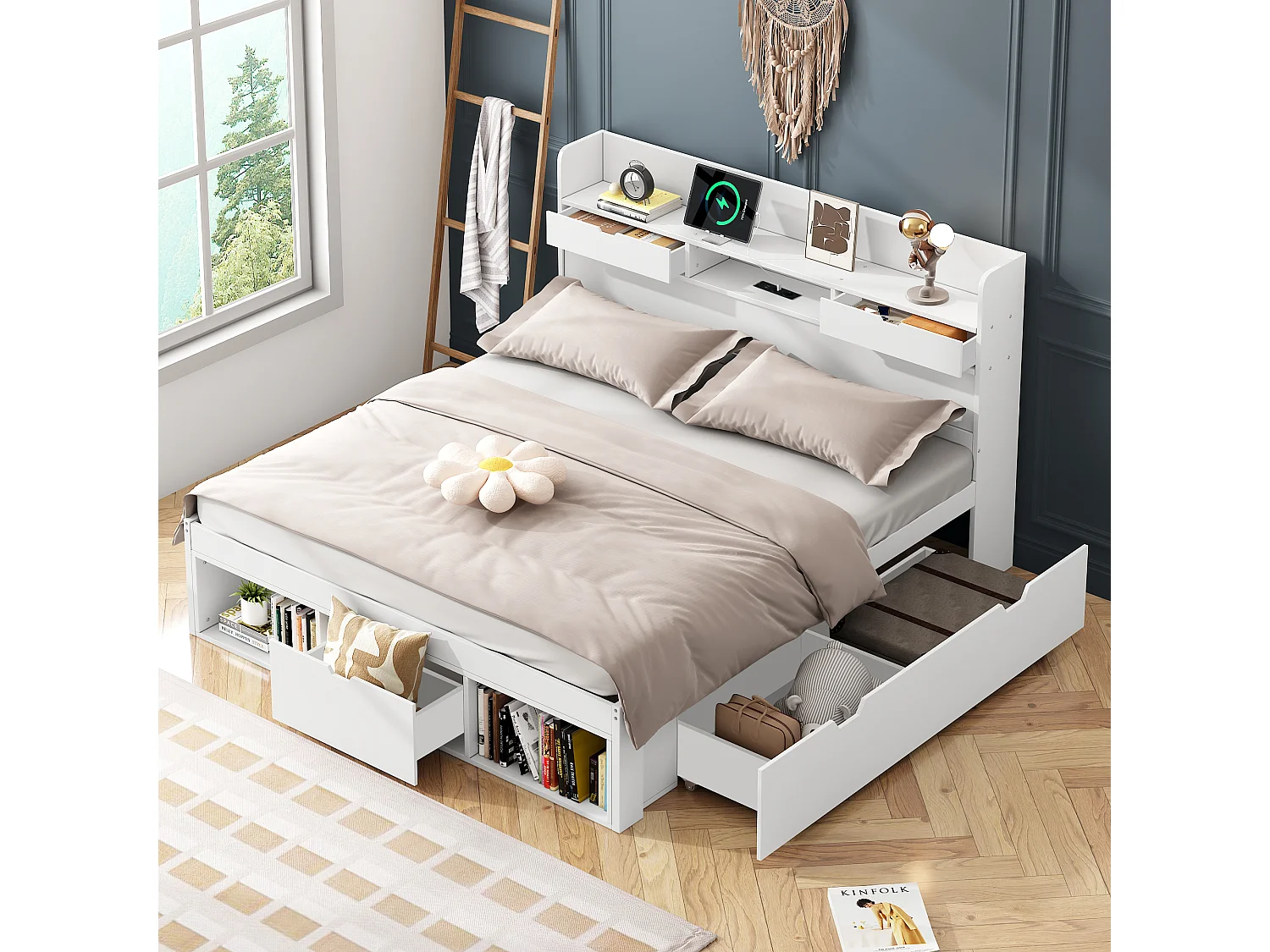 Bed 140x190 cm van grenenhout en MDF, wit, met USB/Type-C en opberglades