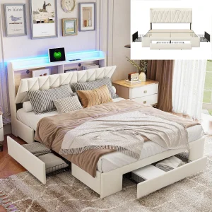 Bed van 140×200 cm – met 3 lades – LED-verlichting + USB- en Type-C-oplaadpunten – Fluweelstof – Tweepersoonsbed met lattenbodem – Beige Bed van 140×200 cm – met 3 lades – LED-verlichting + USB- en Type-C-oplaadpunten – Fluweelstof – Tweepersoonsbed met lattenbodem – Beige