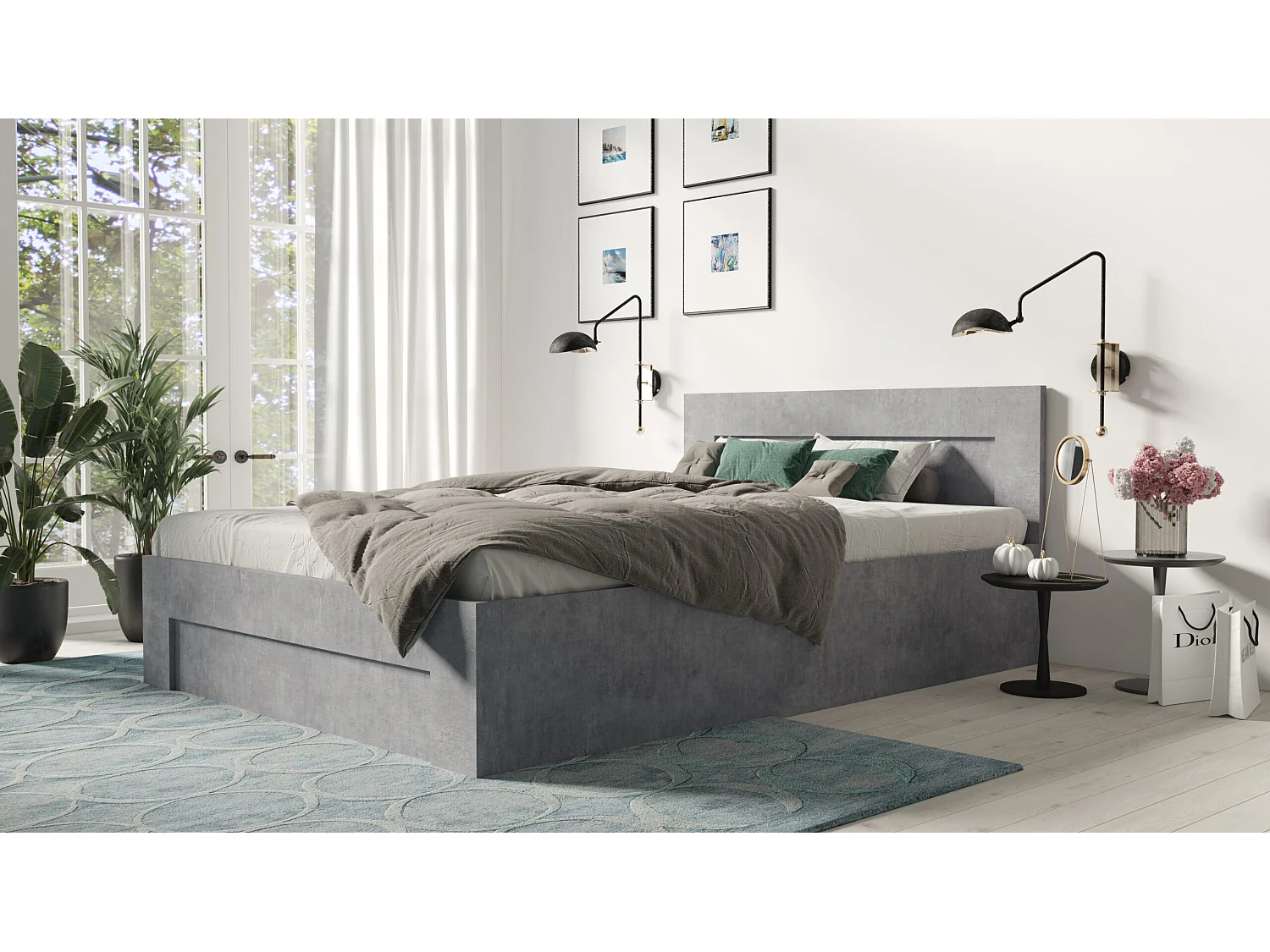 Bed 180 cm x 200 cm met zijopening | BETON | Opbergruimte + Lattenbodem